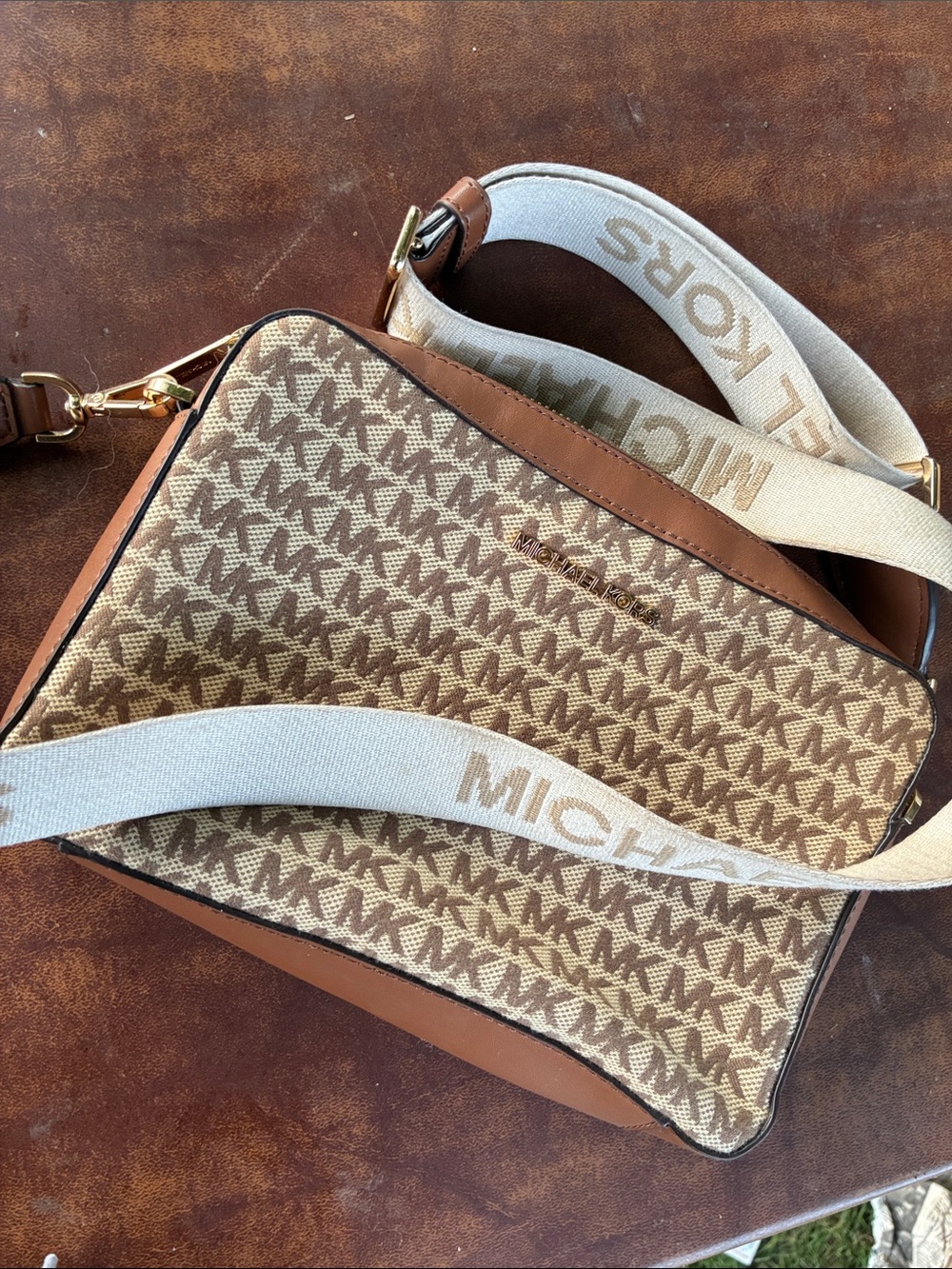 Michael Kors Beige and Brown MK Logo Crossbody with Branded Strap